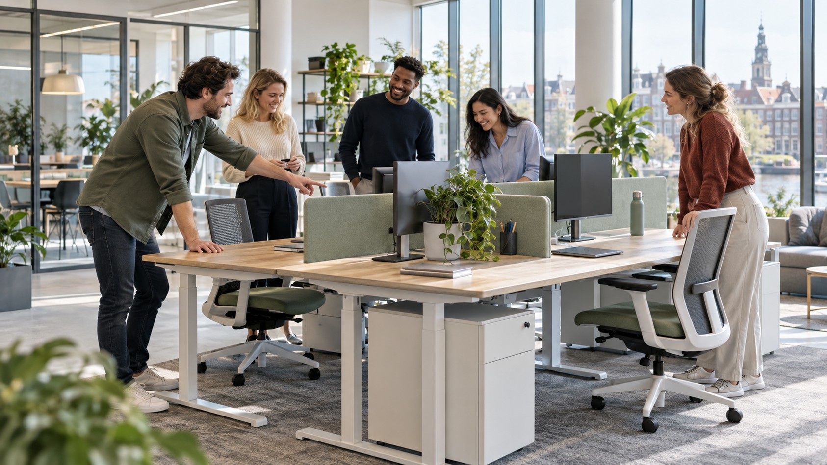 Een team bespreekt de resultaten van een nieuw opgebouwde, modulaire werkplek tijdens een fysieke Sprint Review.