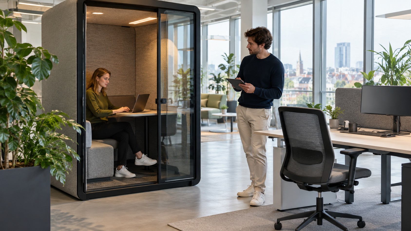 Twee medewerkers testen een flexibele proefopstelling met een ergonomisch bureau en akoestische cabine als onderdeel van een Agile kantoorproject.
