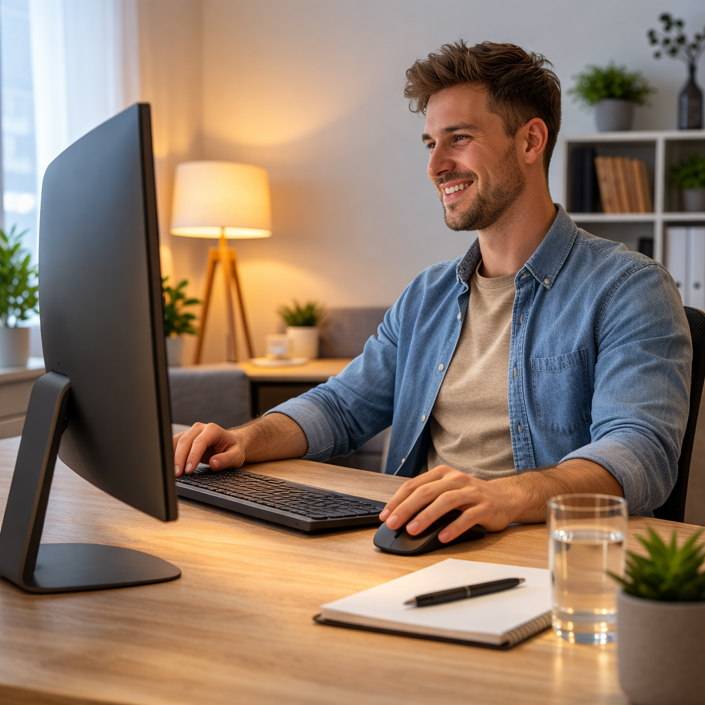 Man werkt tevreden achter beeldscherm met muis en toetsenbord