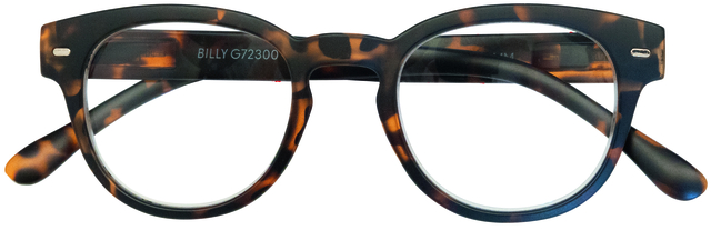 draagt een bril, tortoise-shell patroon, brilglas omatek, montuur rond, kunststof frame