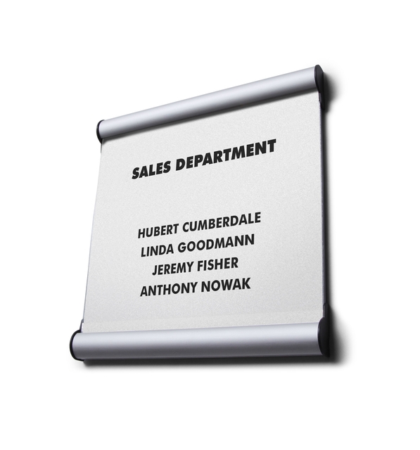 wandbord, salesafdeling, witte achtergrond, zwarte tekst, aluminium rails