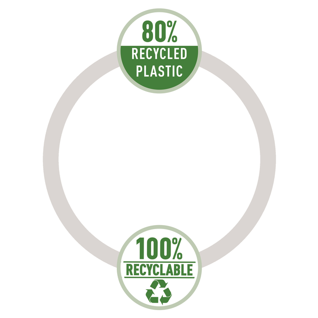 recycled plastic, 80% recycled, 100% recyclable, circulaire badge, recycle-symbool