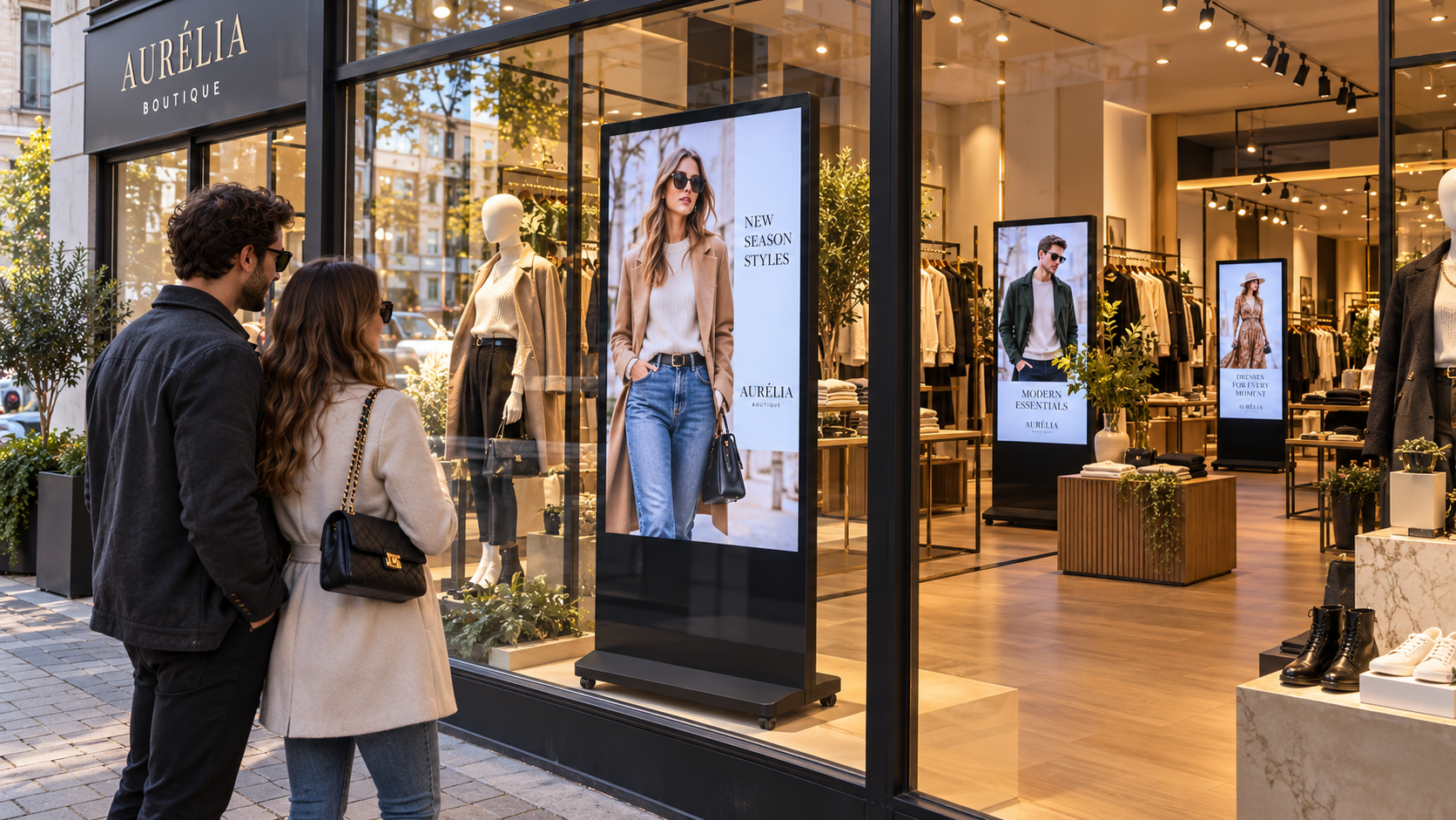 kledingboetiek, winkelpui, glazen gevel, digitale displays, kledingwinkel