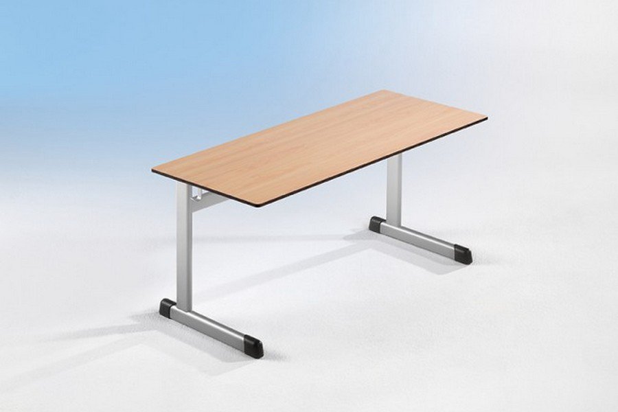 2-persoons leerlingtafel 65 cm diep, 70 cm hoog, HPL-toplaag met massief beuken verlijmde omlijsting en Ergo Tray box - Model T