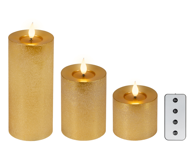 LED-kaarsen, goudkleurig, glitter, set van drie, afstandsbediening