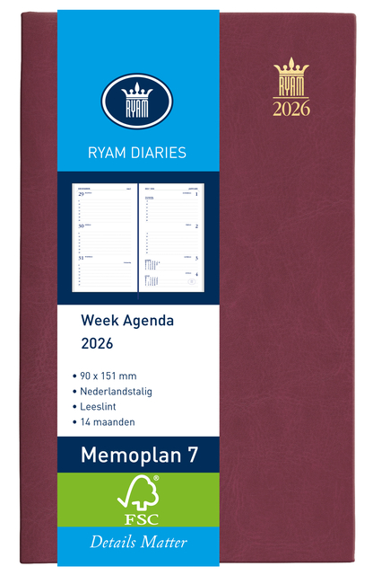 Agenda 2026 Ryam Memoplan 7 Mundior 7dagen/2pagina's bordeaux