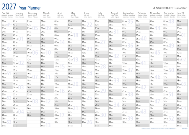 2027, Kalender, planning, Lichtblauw, Maandkalender