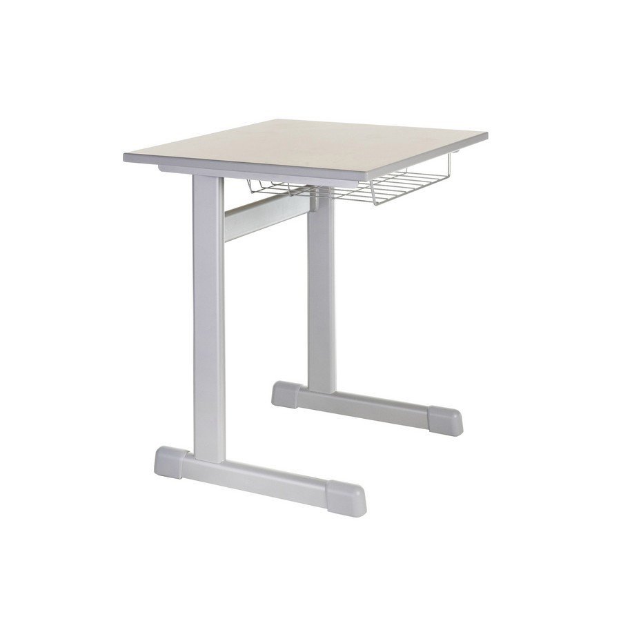 1-persoons leerlingtafel 65 cm diep, 70 cm hoog, HPL-toplaag met massief beuken verlijmde omlijsting en opbergmand - Model T