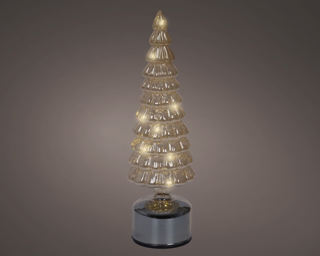 kerstboomlamp, glazen kerstboom, LED-verlichting, zilverkleurige voet, warm wit licht
