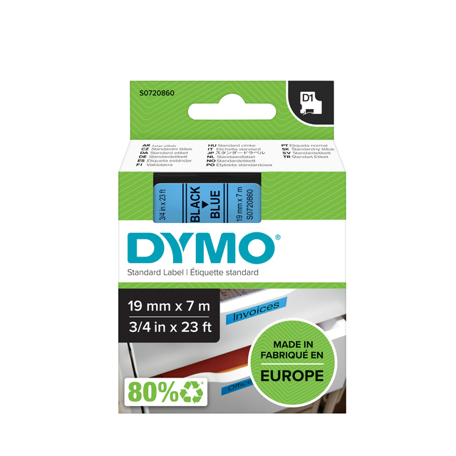 Labeltape Dymo LabelManager D1 polyester 19mm zwart op blauw
