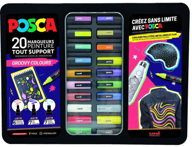 Paintmarker Uni POSCA Groovy Colours assorti metalen koffer à 20 stuks