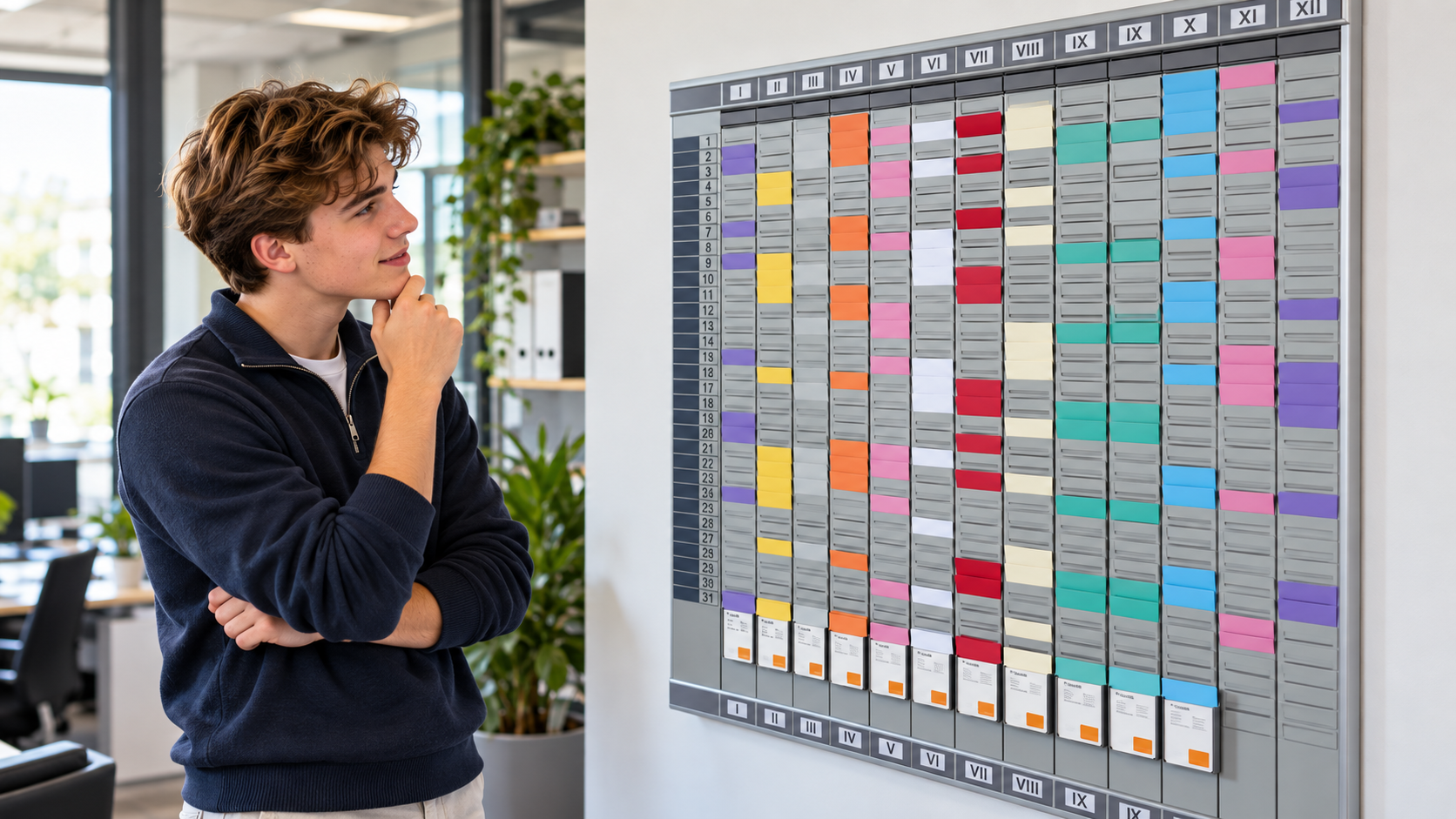 Jonge man bekijkt geïnteresseerd een groot T-kaart-planningssysteem met gekleurde planningskaarten.