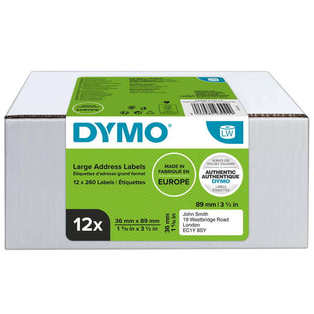 Etiket Dymo LabelWriter adressering 36x89mm 12 rollen á 260 stuks wit