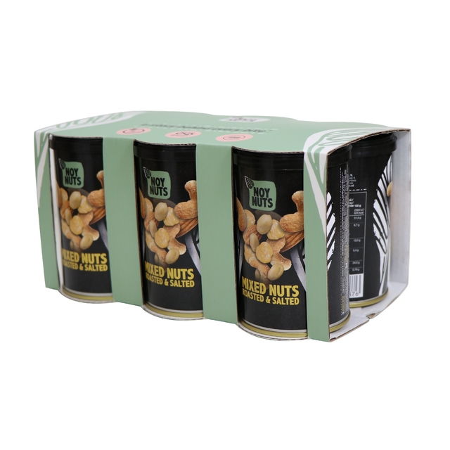 gemengde noten, notenmix, geroosterd en gezouten, blik verpakking, natuurlijke noten