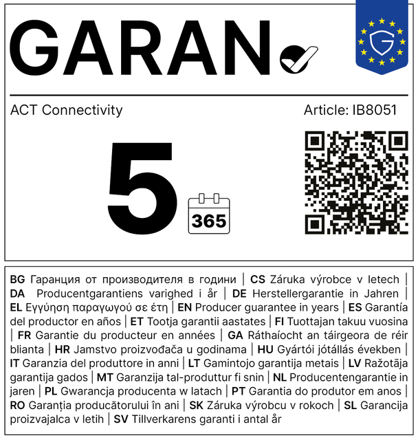 garantní plachta, act connectivity, 5 jaar garantie, 365 dagen, QR code