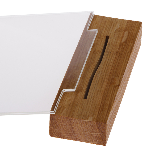 brochurehouder, notitieblok houder, kristal/glas plaat, houten segment, sleuf gleuf