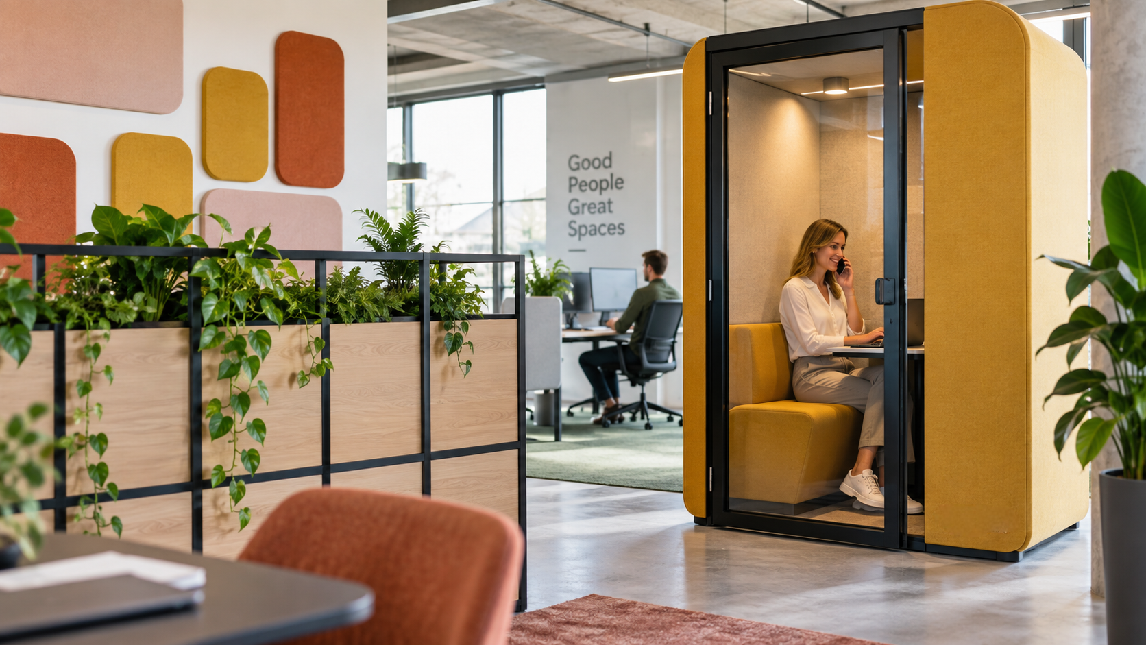 Geluiddempende kantoorinrichting met een moderne belcabine en akoestische schermen in een levendige zone.