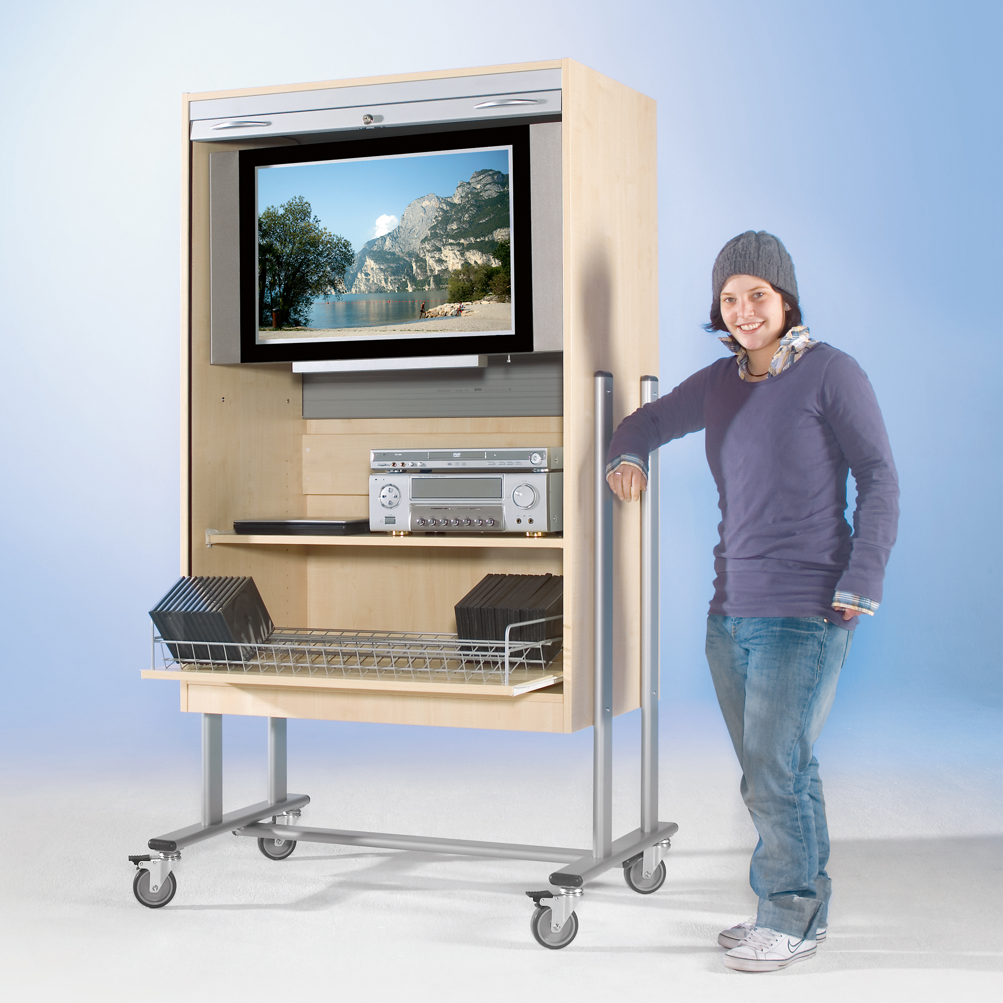 Tv-trolley met rolgordijn, 1 rolverlenging en videoverlenging
