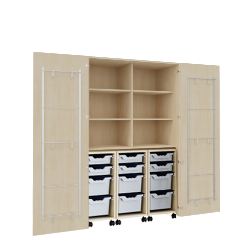 Muziekkast met 3 bakken en 12 ergo trayboxen - B/H/D: 120x190x60 cm met 3 rolcontainers