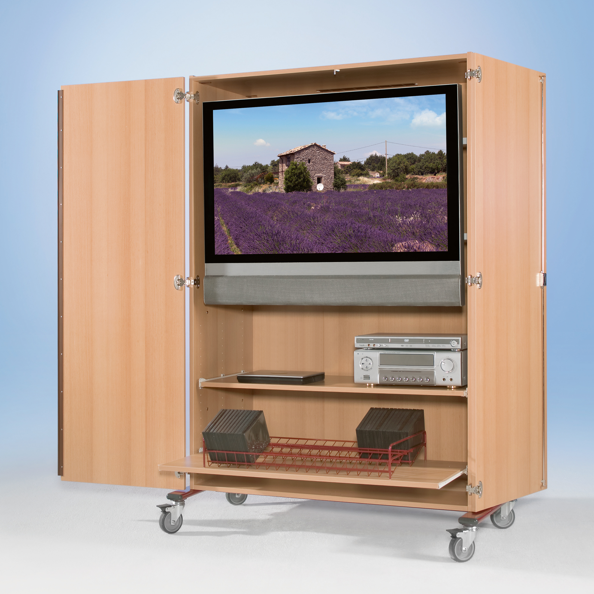 Tweedeurs tv-trolley met roluittreksysteem en video-uittreksysteem