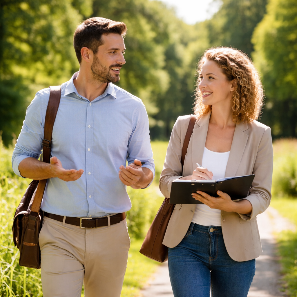 Man en vrouw vergaderen wandelend in de zomer