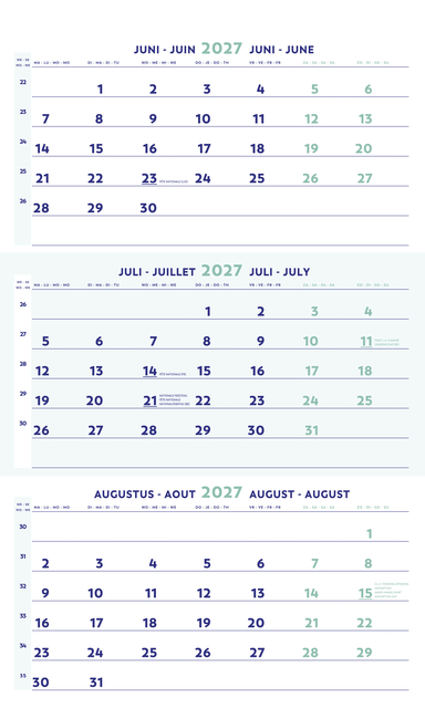 kalender, maanden, 2027, juni, juli, augustus, grijze weken, data kalender