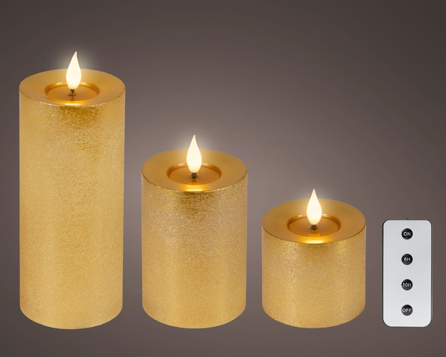 LED-kaarsen, goudkleurig, glitter, set van drie, afstandsbediening