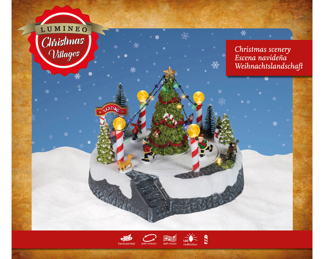 kerstdorp miniatuur, kerstboom, schaatsbaan, sneeuwlandschap, met verlichting