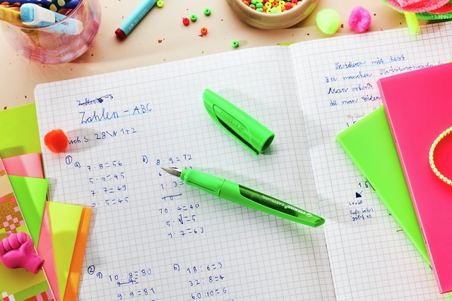 notebook, school supplies, green highlighter, line paper, colored pencils