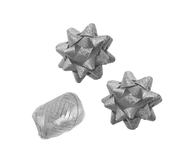 Cadeaulint Polyband en 2 rozetten zilver glitter