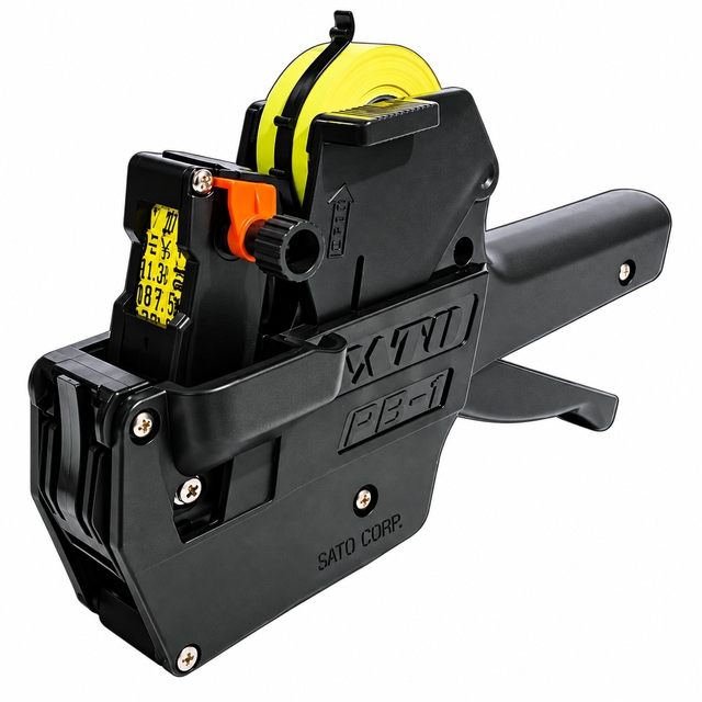 tape dispenser, tape rollen, etiket printer, pistoolgreep, SATO CORP, PT-0, labelmaker, afdrukmechanisme, gele tape, kantoorapparaat