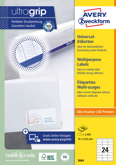 Etiket Avery 3664 70x33.8mm wit 2400 stuks