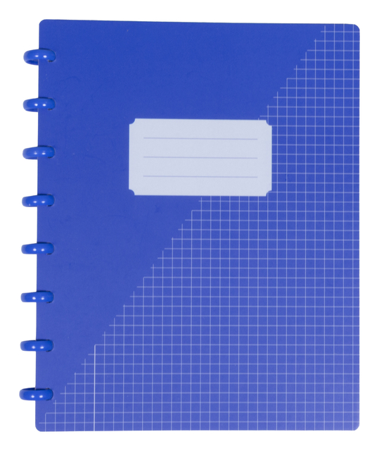 blauw notitieboek, spiraalbinding, grid patroon, labelplaatje, kijkvenster