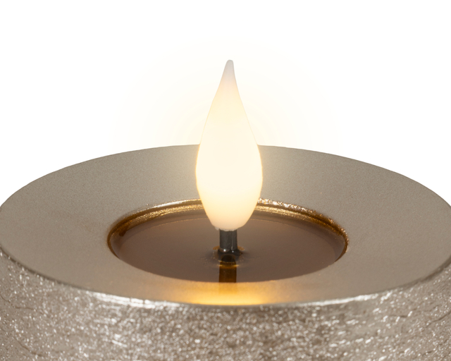 LED-kaars, vlamvormige lamp, grijze houder, glitterafwerking, warm wit licht