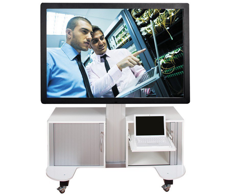 Verrijdbaar, elektrisch hoogte verstelbaar TV standaard 111-160 cm voor 42 tot 65 inch schermen met 2 computerkasten