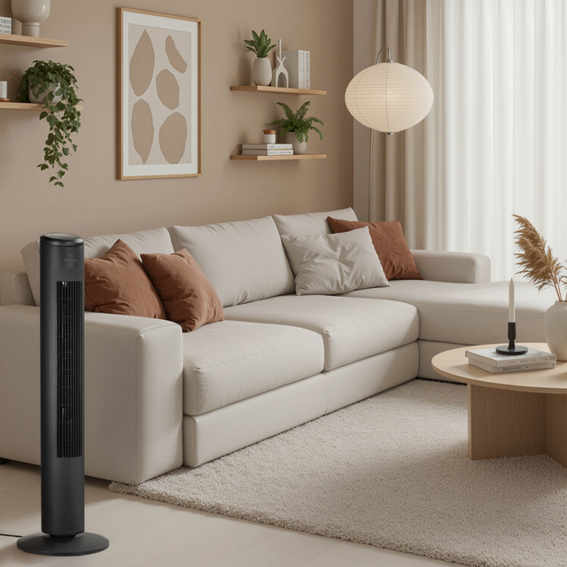 ventilator, tower fan, woonkamer, koeling, zwart