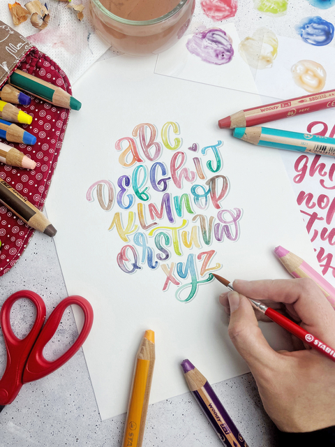 alphabet, letters, handwriting, colored pencils, art