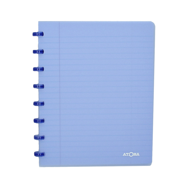notebook, spiral-bound, blue cover, lined pages, A6/A5 style