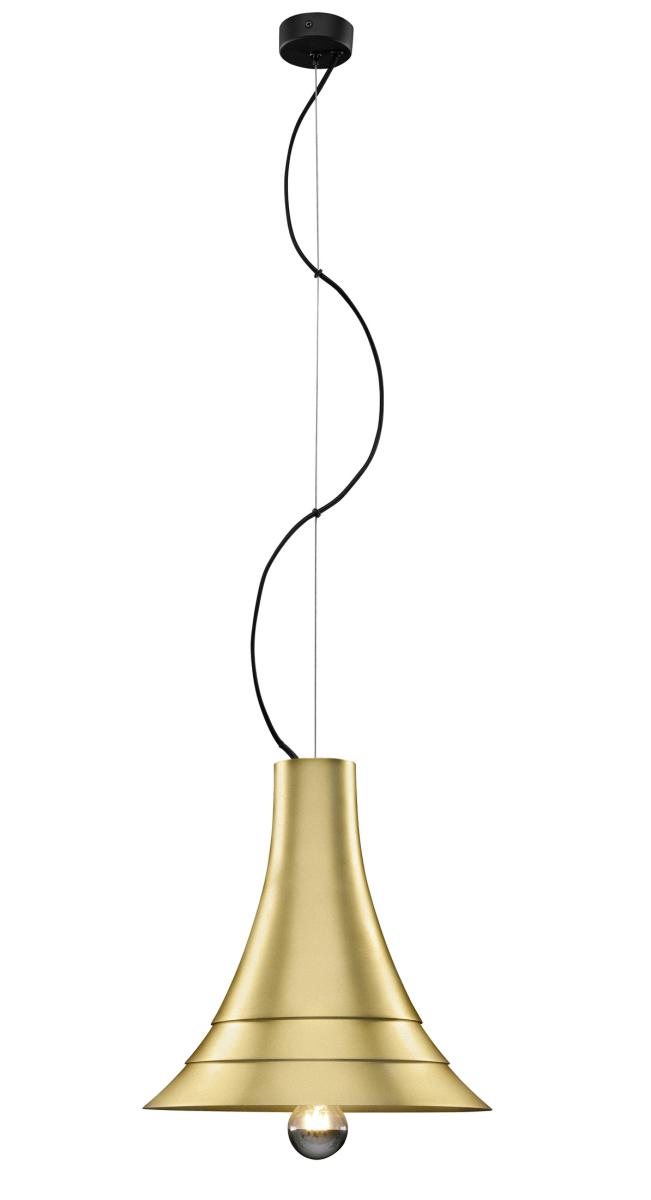 pendant lamp, gold, metal, cone shade, hanging light