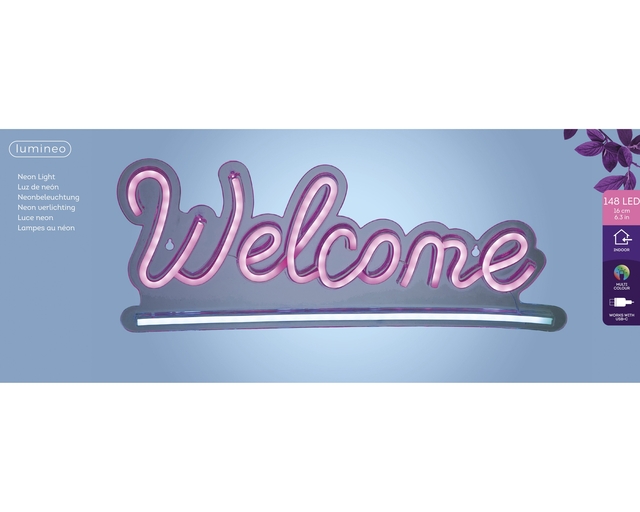 neon sign, neon light, welcome sign, pink glow, indoor decor