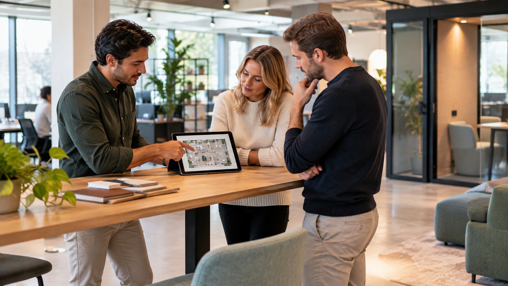 Een Product Owner, Scrum Master en Developer bespreken staand een digitale plattegrond voor de nieuwe kantoorinrichting.