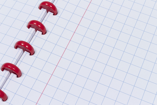 notebook, grid paper, spiral binding, red rings, line ruler