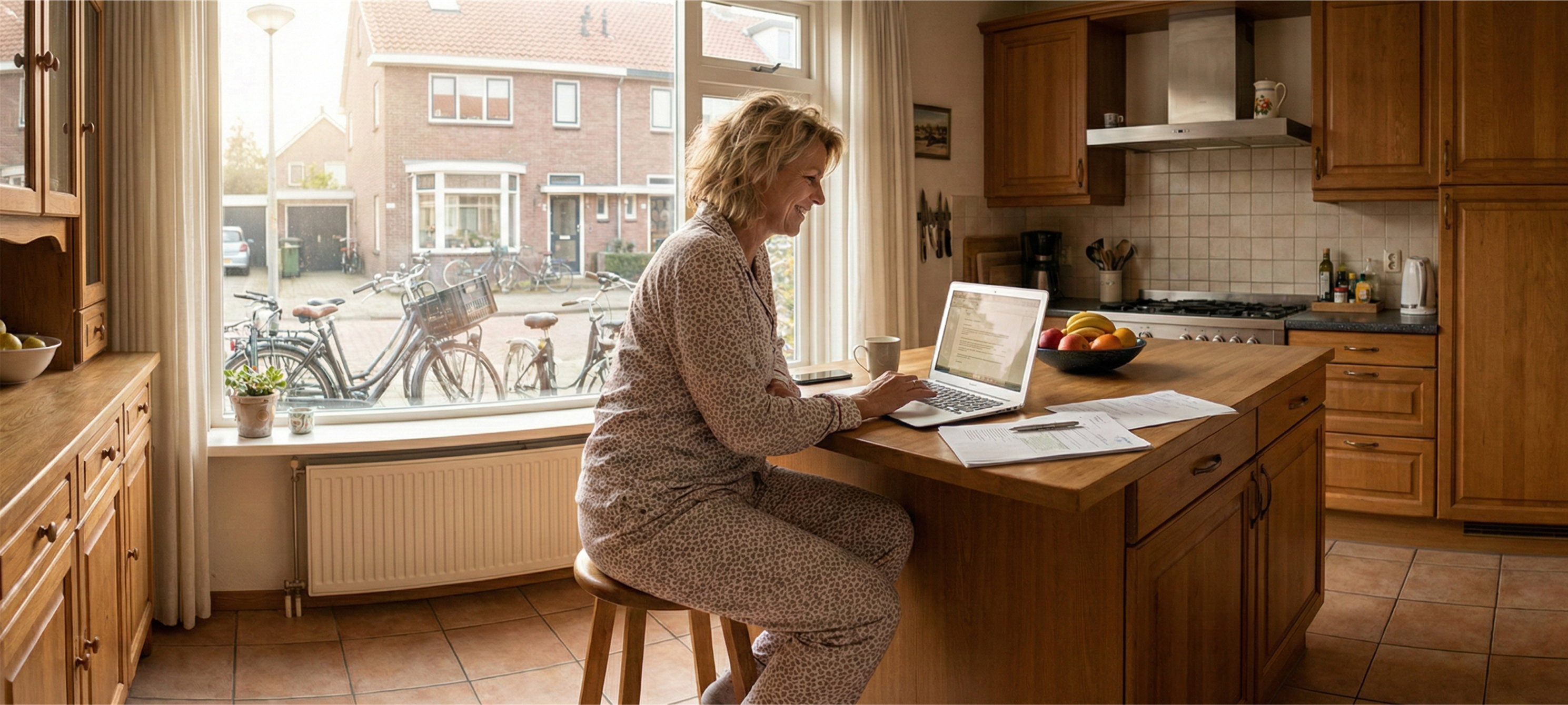 vrouw werkt thuis in pyama