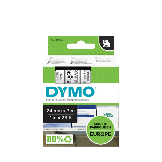 Labeltape Dymo D1 53710 720920 24mmx7m polyester zwart op transparant