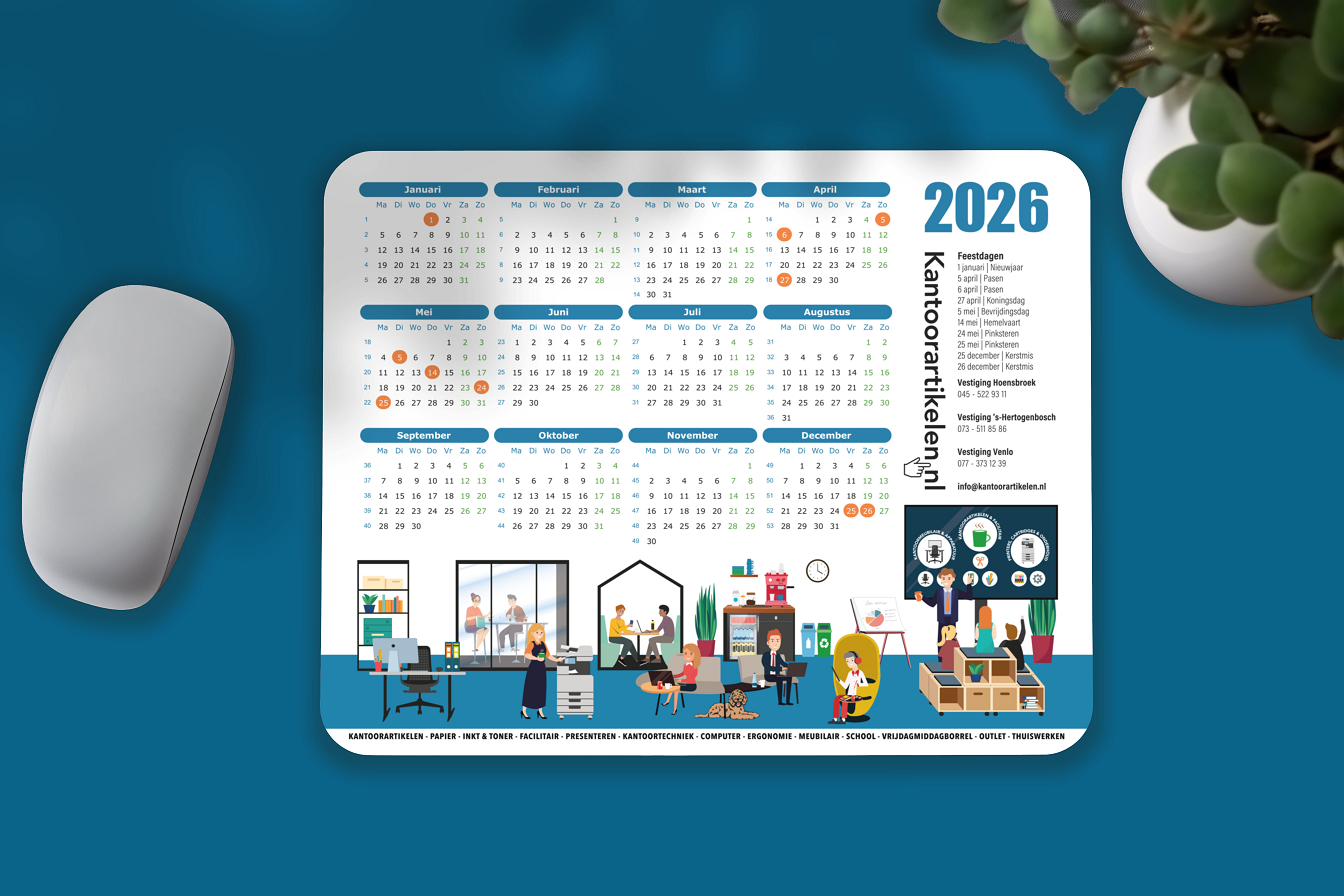Vlakke muismat van KantoorArtikelen.nl met kalender 2026