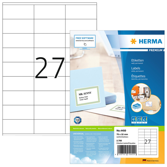 Etiket HERMA 4450 70x32mm premium wit 2700stuks