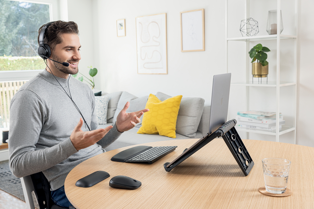 headset, desk setup, video call, laptop stand, workstation