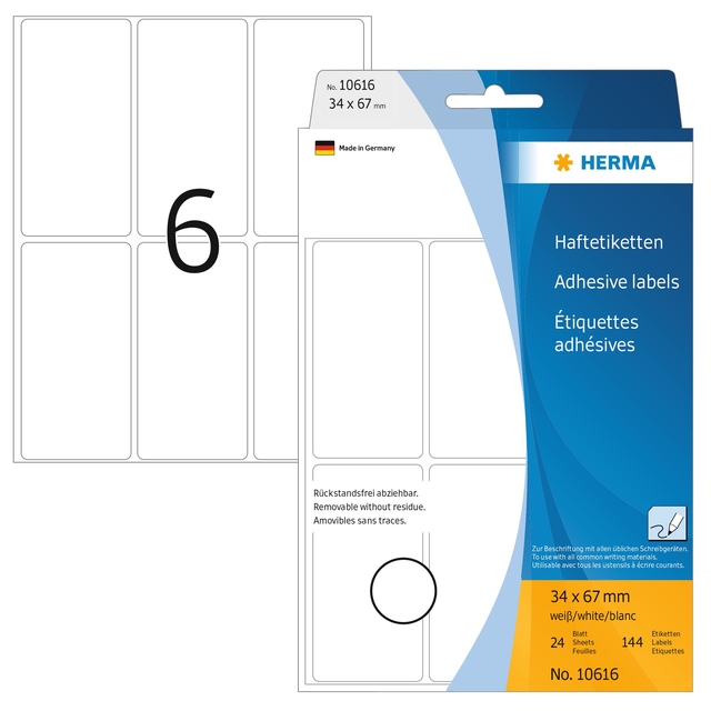 adhesive labels, label sheet, stickers, 36x67 mm, white labels