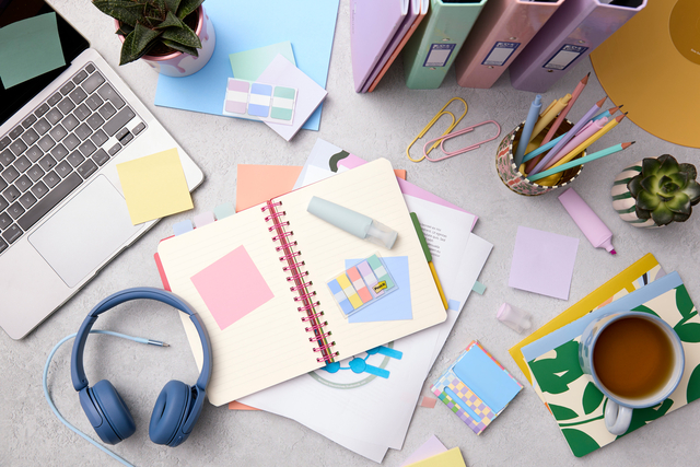 notebook, planner, plakken, stationery, koffie