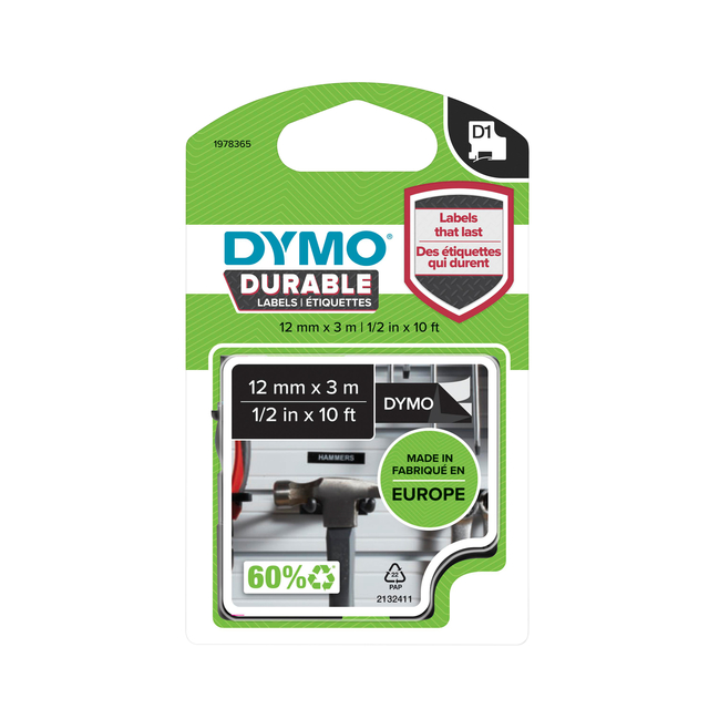 Labeltape Dymo LabelManager D1 polyester 12mm wit op zwart